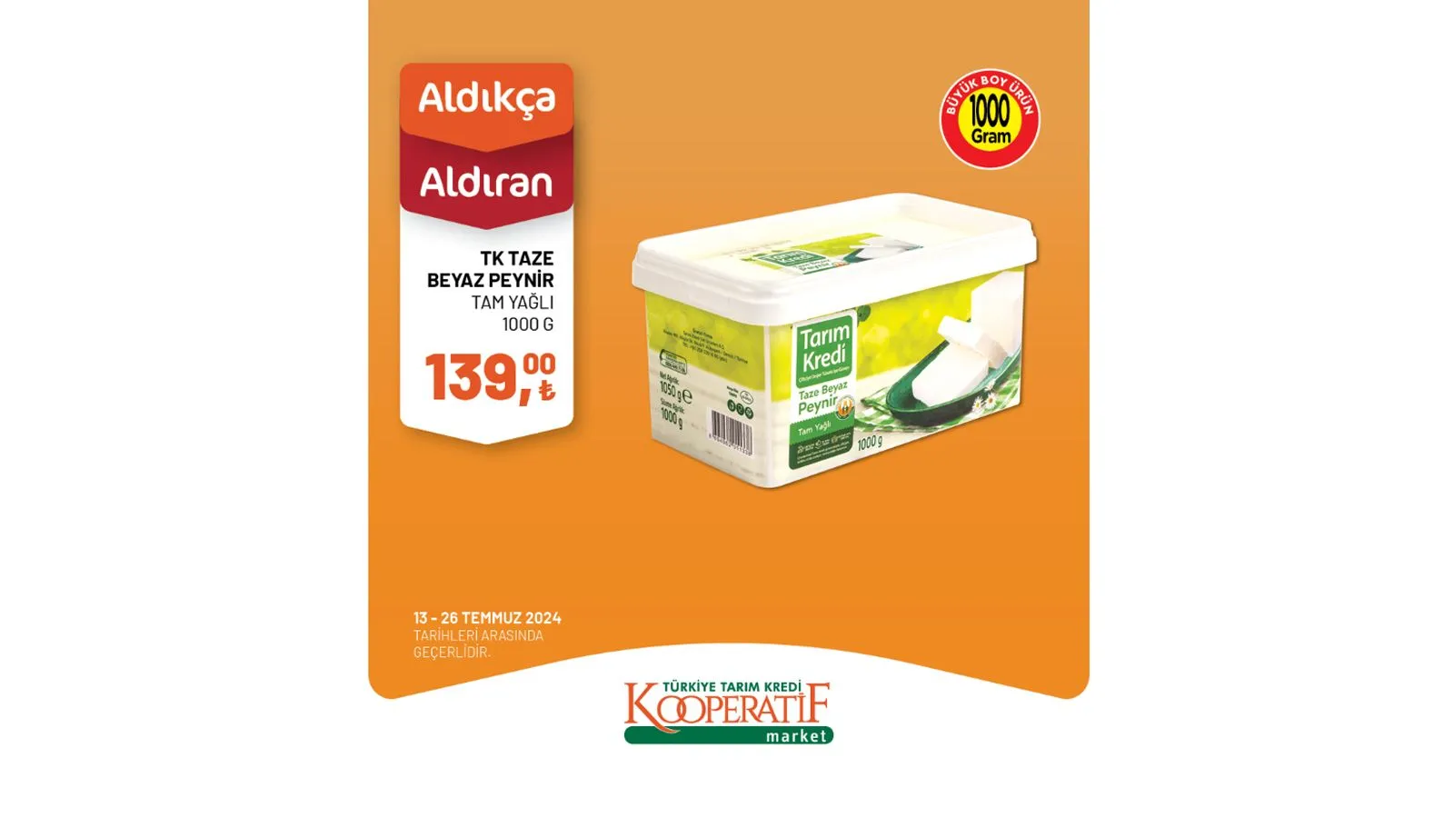 Zeytin, peynir çeşitleri, kaşar peyniri, salça, zeytinyağı, kırmızı mercimek gibi pek çok üründe fiyatların indirimli olduğu Tarım Kredi Market kampanyası yalnızca 13 - 26 Temmuz tarihleri arasında geçerli olacak. Kaçırılmayacak fırsatlar sunan Tarım Kredi Market'in indirimli ürünler listesini sizler için derledik.