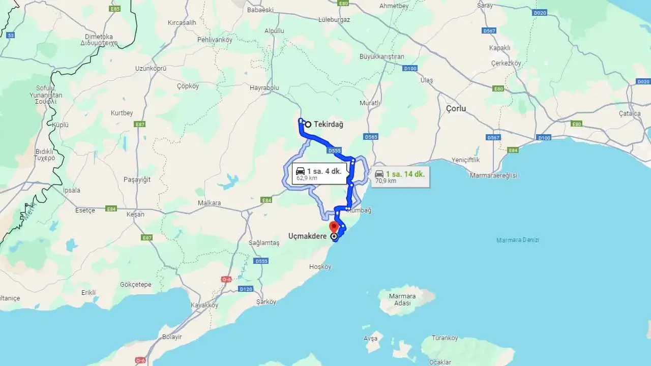 Tekirdağ Uçmakdere arası kaç km? Uçmakdere Tekirdağ arası kaç saat?