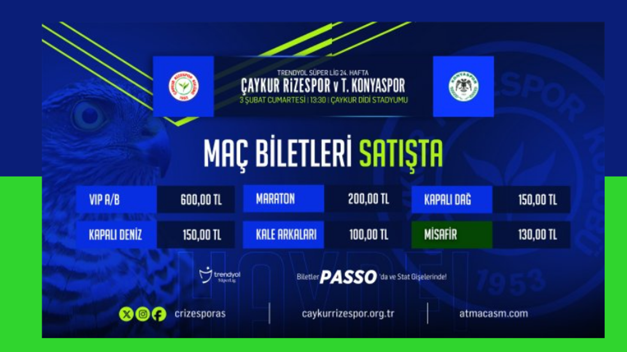 Çaykur Rizespor, TÜMOSAN Konyaspor maç biletleri satışa çıktı