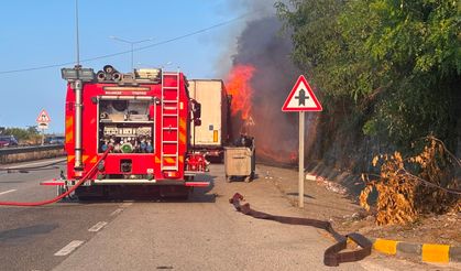 Karedeniz Sahil Yolu'nda mobilya yüklü TIR yandı