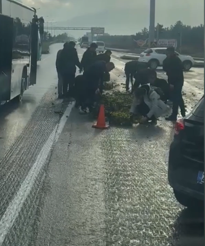 Erzurum'da kamyonetten yola dökülen meyveleri vatandaşlar topladı