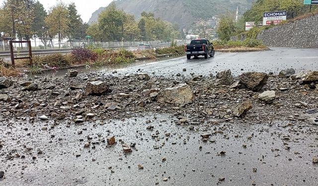 Yamaçtan düşen kayalar kamyonete isabet etti