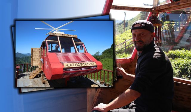 Rize'de çay bahçesinde helikopter şeklindeki ahşap yapı ilgi çekiyor