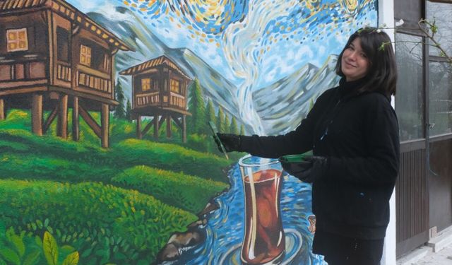 Rize'nin simgeleri Van Gogh tarzıyla duvara yansıdı