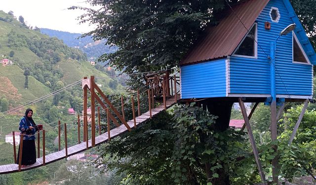 Çayeli'nde iki kardeşin ağaç evine balkondan asma köprüyle ulaşım