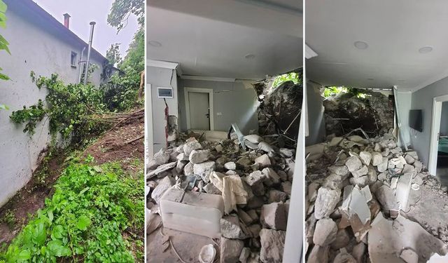 Heyelanda kaya parçası eve isabet etti