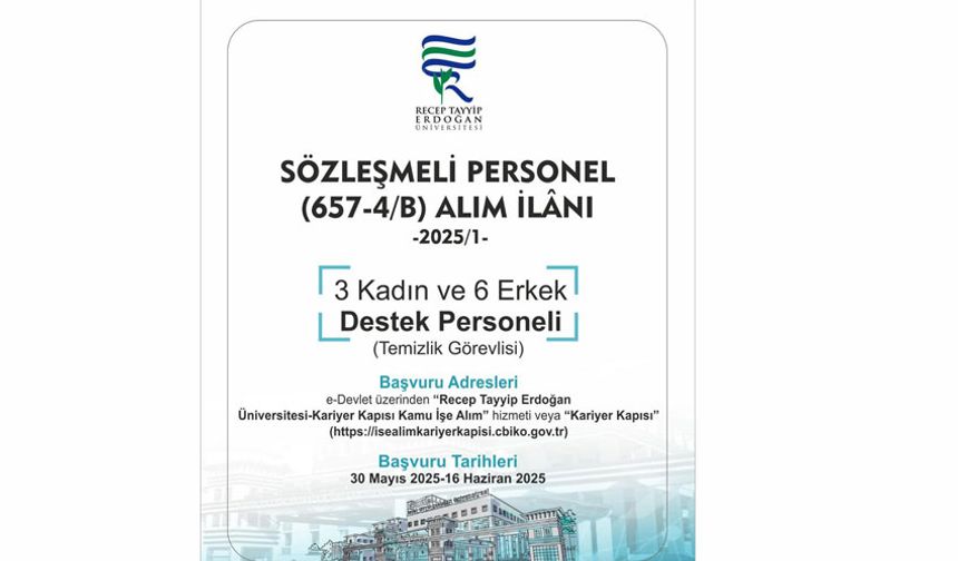 Recep Tayyip Erdoğan Üniversitesi Rektörlüğünden Sözleşmeli Personel Alım İlanı