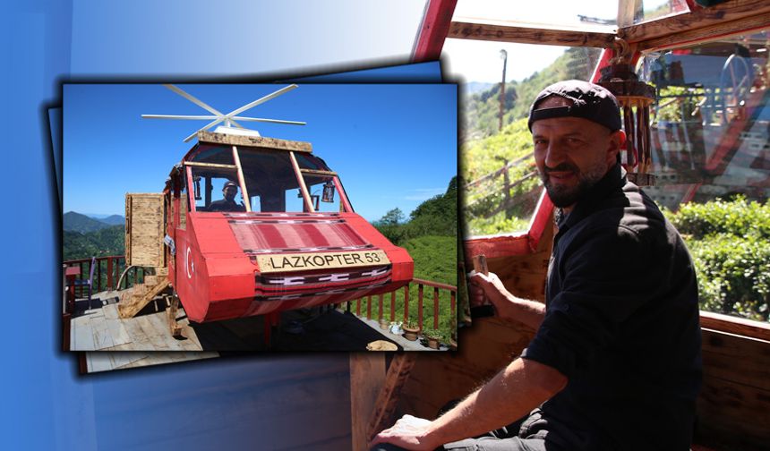 Rize'de çay bahçesinde helikopter şeklindeki ahşap yapı ilgi çekiyor
