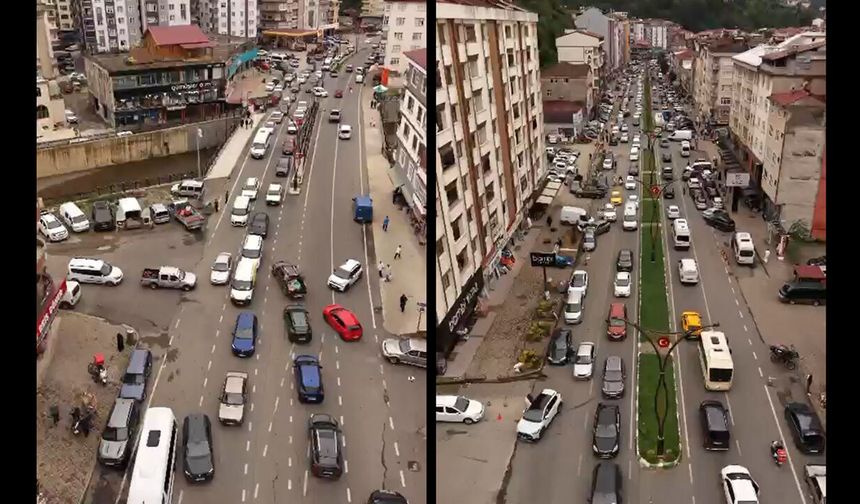 Çayeli’nde Trafik Yoğunluğu Havadan Görüntülendi