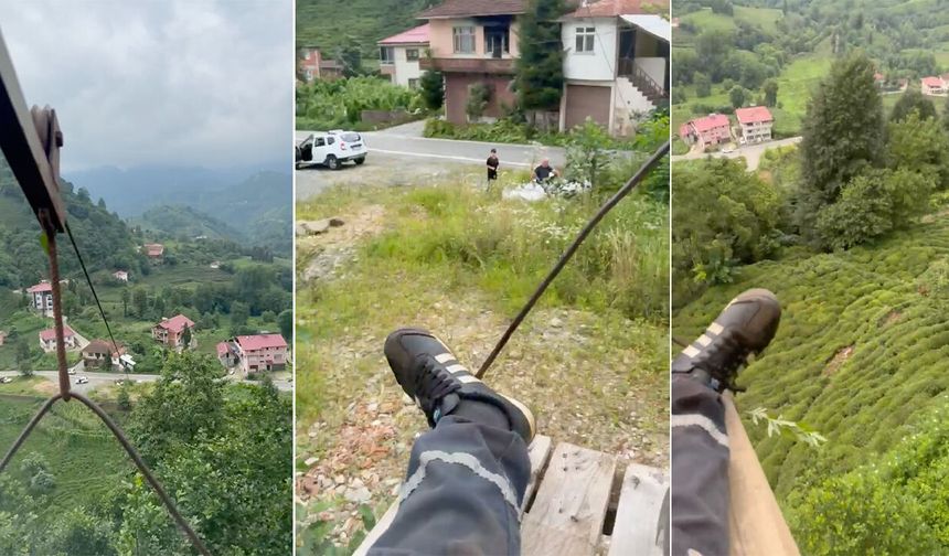 Çayeli'nde ilkel teleferikle tehlikeli yolculuk kamerada