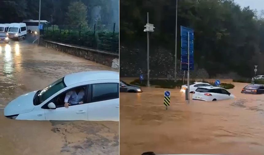 Beykoz’da sağanakla birlikte göle dönen yollarda, araçlarında mahsur kaldılar